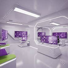 Futuristic control room featuring sleek, white interior design with angular, minimalis