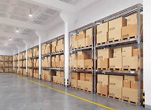 Warehouse with many racks and boxes