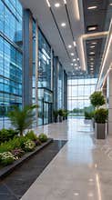 Modern office building lobby area featuring large glass windows, potted plants, shiny granite floors and indoor greenery