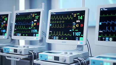Row of Medical Monitors Displaying Vital Signs in Modern Hospital