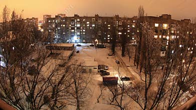 Winter. Buildings with flats at night, timelapse