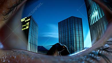 a panther walking in the jungle, skyscrapers, hotels and office buildings at night, and a bald eagle flying: