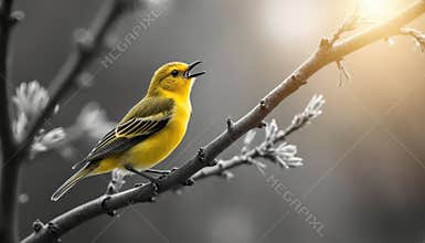 Yellow warbler bird sings on grayscale tree, with sunlight. Dazzling bright feathers catching sunlight. Harmony, nature theme,