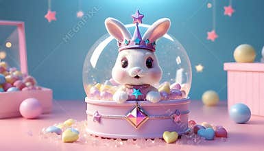 A magical 5D cartoon bunny character with holographic glasses