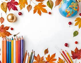 Back to School Autumn Frame with Books globe and Leaves – Watercolor Illustration