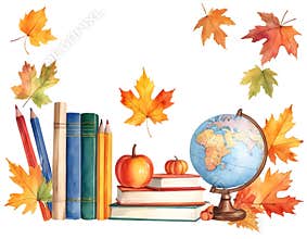 Back to School Autumn Frame with Books globe and Leaves – Watercolor Illustration