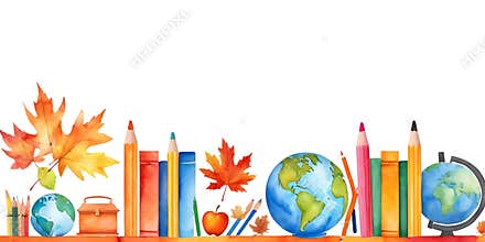Back to School Autumn Frame with Books globe and Leaves – Watercolor Illustration