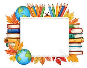 Back to School Autumn Frame with Books globe and Leaves – Watercolor Illustration