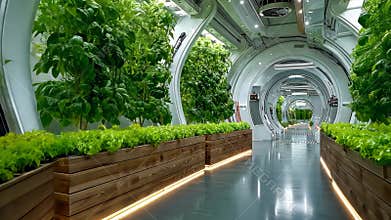 High-tech vertical farming greenhouse with lush greenery and artificial lighting reflecting on indoor water channels