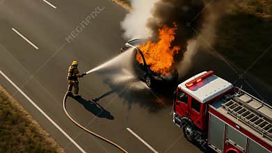 Firefighter Extinguishing Flames from Burning Car on the Highway