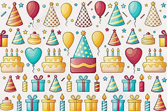 Colorful birthday party seamless pattern with cakes, balloons, hats, gifts, candles, and stars