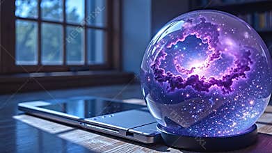 Cosmic nebula swirls within a translucent sphere, reflecting Generative AI