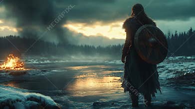 Viking Warrior Stands in Snowy Landscape Near Campfire