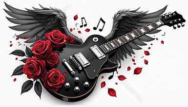 Illustration of black electric guitar, red roses, angel wings with music notes. Rock, roll t-shirt design. Symbol of music, art.