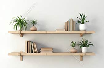 Wooden bookshelf with plants. Books, greenery, foliage and home decor. Perfect for virtual office backdrop. Interior design