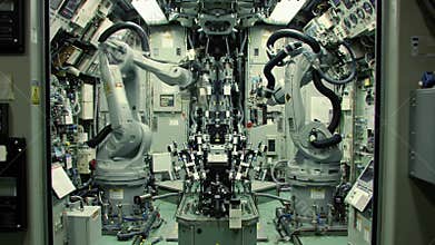 Futuristic Missile Guidance Calibration Bay with Robotic Arms Performing Precision Adjustments Against Complex Circuitry