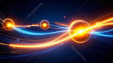 Quantum entanglement illustrated by glowing spheres connected by energy beams in cosmic background.