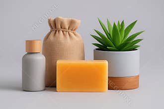 Natural skincare products featuring aromatic soap and a potted succulent plant for a refreshing bath experience