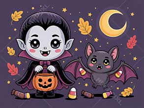 A charming kawaii horor of a chibi vampire and cute bat, holding a pumpkin candy bucket, surrounded by leaves and a crescent moon