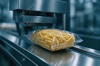 Packaged penne pasta on automated conveyor belt in modern food processing facility for industrial packaging and distribution, AI