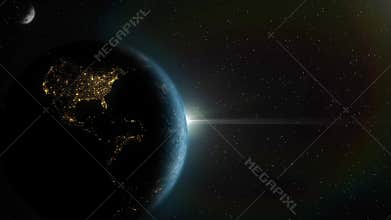 The Earth planet with the sun and the moon. Planetarium.