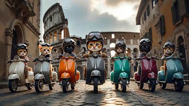A group of cats riding on the back of scooters in a row