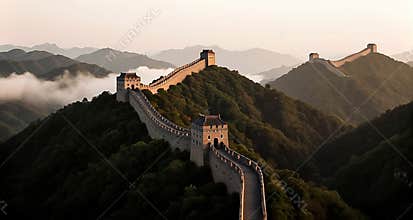 Ethereal Aerial View of the Great Wall of China Amid Lush Mountains