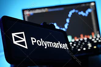 Polymarket Prediction Markets Platform Logo On Mobile And Computer Screens With Stock Chart Background
