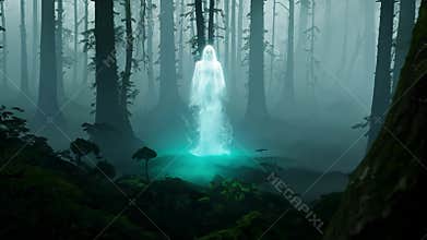 A ghostly apparition made of mist haunts an old mystical forest
