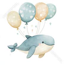 Lovely baby clip art scene with a whimsical watercolor flying whale and floating air balloons. Children's stock