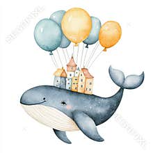 Charming baby clip art with delightful watercolor illustrations of a flying whale, lighthouse, and air balloons