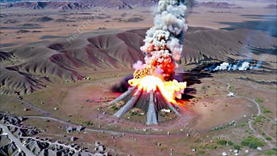 Underground missile silo exploding in desert landscape