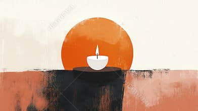 Abstract candle in white bowl with orange circular background