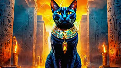 Golden Egyptian magical divine cat, cat in the temple of the Egyptian goddess Bastet