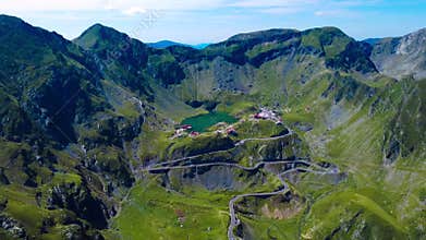 Aerial footage of the Transfagarasan road and the Balea lake in the Fagaras mountains, Romania