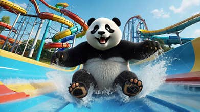 Playful panda enjoying a water slide adventure