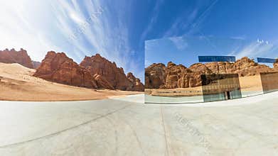 Maraya Concert Hall reflecting sandstone mountains in Alula, Saudi Arabia