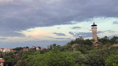 Plovdiv Clock Tower at Blue Hour: Scenic Cityscape View at Sunset, Bulgaria