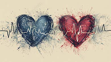 Two heartbeat illustrations representing love, passion, and connection in a creative artistic style