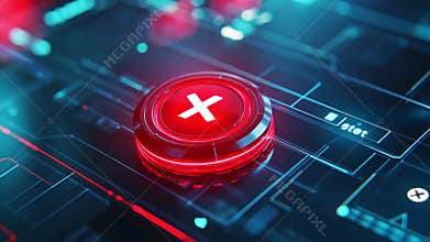 Abstract digital interface with glowing red cancel button on intricate circuit design and futuristic background
