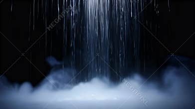 Shimmering Blue Particles Falling in Dark Atmospheric Fog