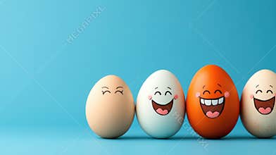 Colorful cartoon eggs with smiling faces on blue background. Easter, Pascha, Paskha, Ostern, Pascua, Paques - Orthodox