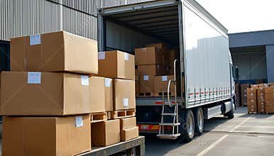 logistics truck loading cargo at warehouse loading boxes