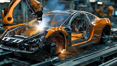 Industrial robot performs precision welding on car body parts in automated assembly line