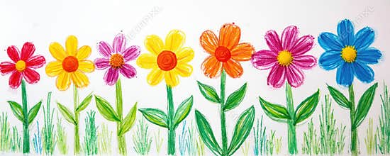 Childlike drawing of vibrant flowers on white paper. Red, yellow, orange, pink, blue wax crayon art. Scribble marks, visible