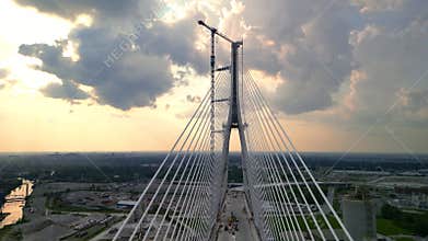 Newly constructing Gordie Howe International Bridge across USA and Canada border on Detroit river at Detroit downtown