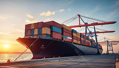 container ship docked at port during sunset with stacked cargo containers