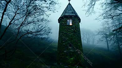 A mysterious stone tower in the middle of a dark, mossy forest. The window glows in the dark.