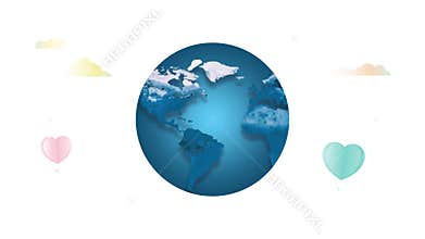 world map sightseeing animation banner blue world with cloud and heart balloons.