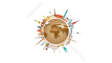 Travel landmarks around the brown world on white background.